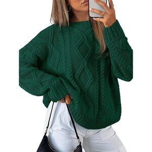 Trendy Queen Women's Green  Oversized Cable Knit Crewneck Sweaters